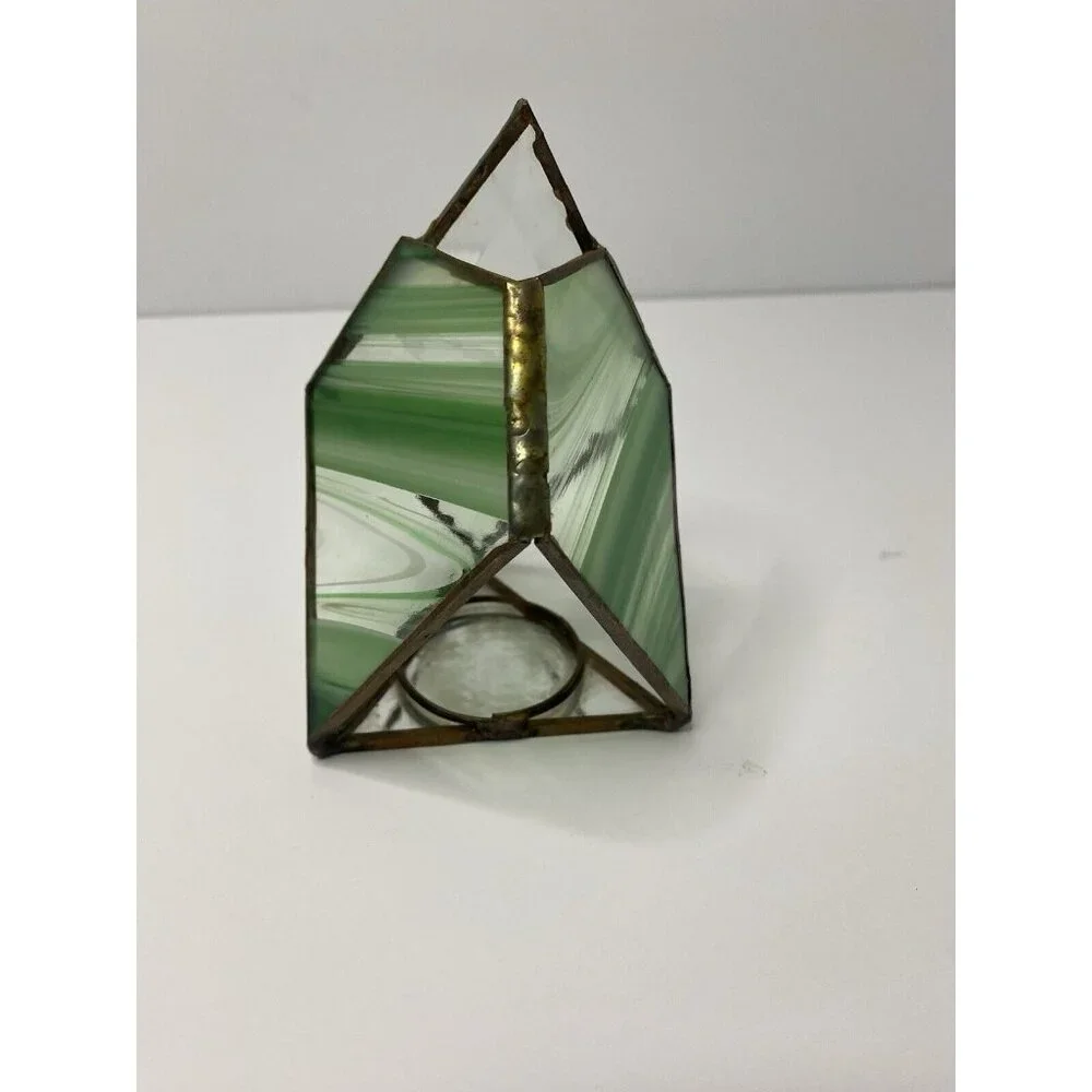 Stained‎ Green Glass Tea Light Holder Etched Glass Hummingbird Floral Design
